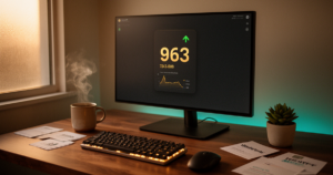 ITGeeker Gold Widget v1.3.3.0 - 桌面小组件配图:显示器上显示金色实时价格数字、绿色上涨箭头与 sparkline 走势图,搭配暖光机械键盘与咖啡杯